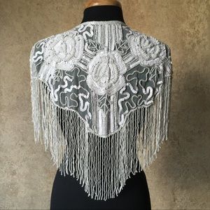 White Rose Sequin Glass Beaded/ Sequin FULL Wrap Chiffon Collar Shoulder Shawl